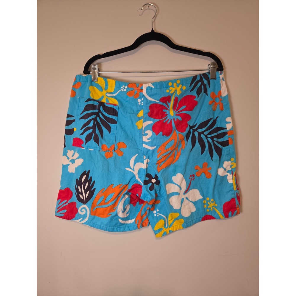 VTG Barefoot in Paradise Mens Floral Made in USA Blue Hibiscus Cotton Shorts L